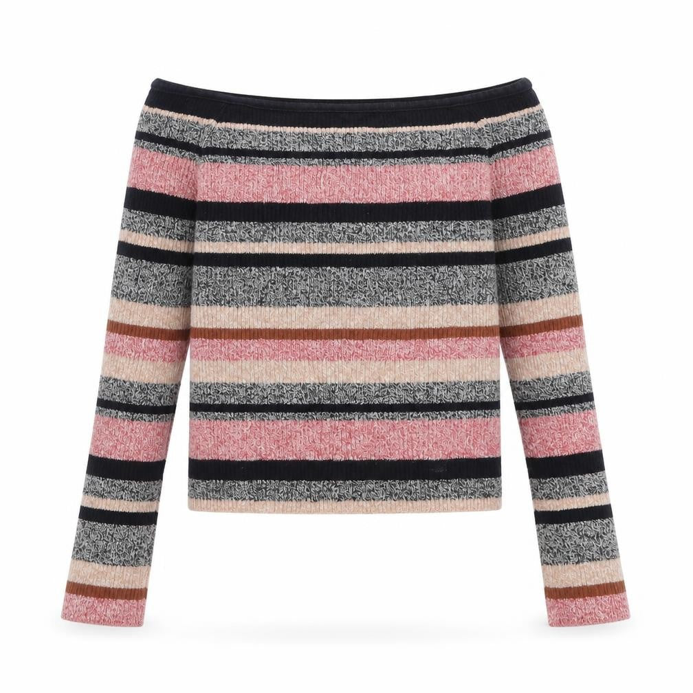Front view of Atmosphere women’s multicoloured v-neck striped cotton jumper, size UK 8, - cropped