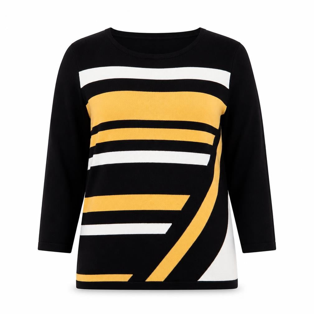 Front view of Gerard women’s black round neck striped viscose jumper, size S
