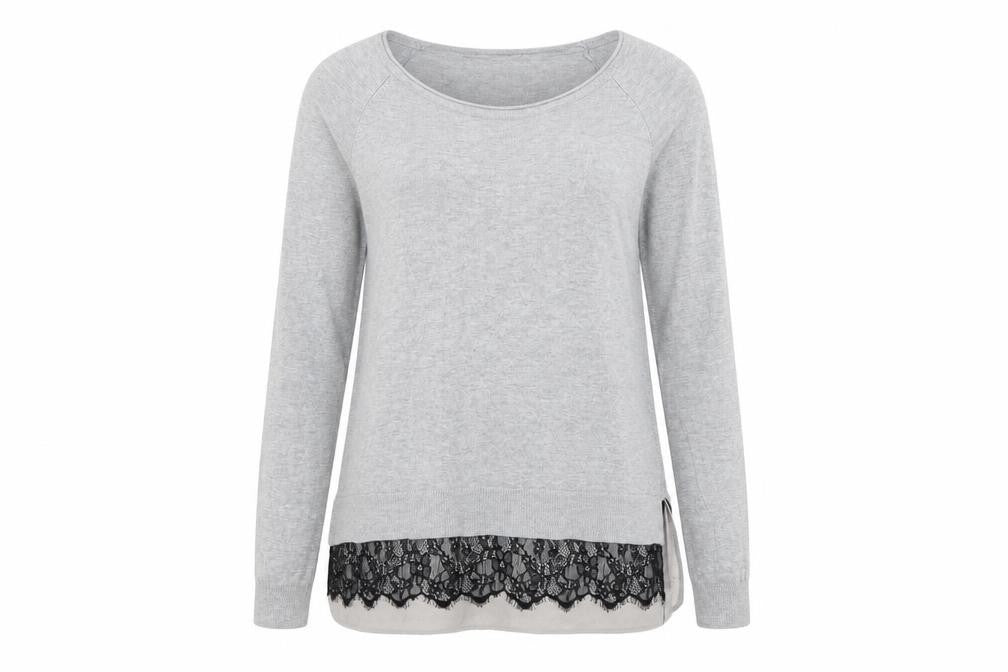 Front view of Papaya women’s grey round neck acrylic jumper, size UK 12