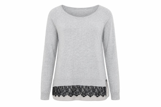 Front view of Papaya women’s grey round neck acrylic jumper, size UK 12