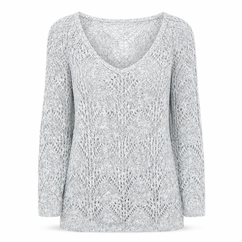 Front view of Phase Eight women’s blue v-neck acrylic jumper, size UK 10