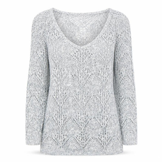 Front view of Phase Eight women’s blue v-neck acrylic jumper, size UK 10