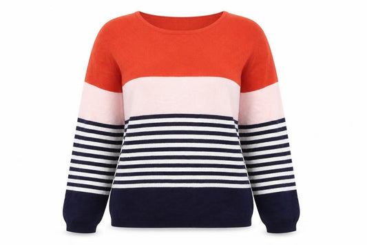Front view of Stella Morgan women’s multicoloured round neck striped rayon jumper, size UK 12