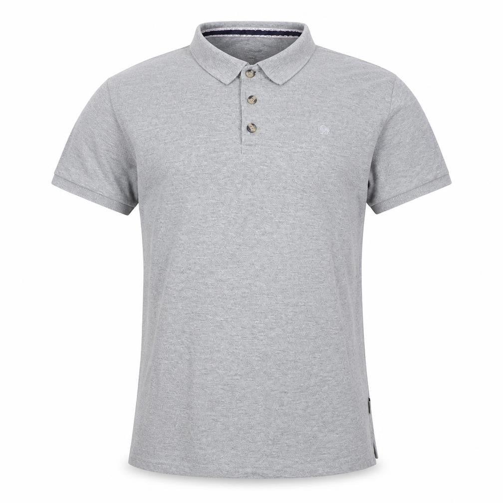 Front view of Bellfield men’s grey cotton polo, size S, collared button