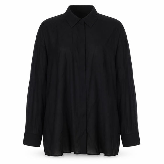 Front view of Monsoon women’s black polyester basic button-up, size UK 12, collared