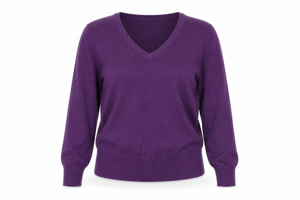 Front view of MK women’s purple v-neck cotton jumper, size UK 12
