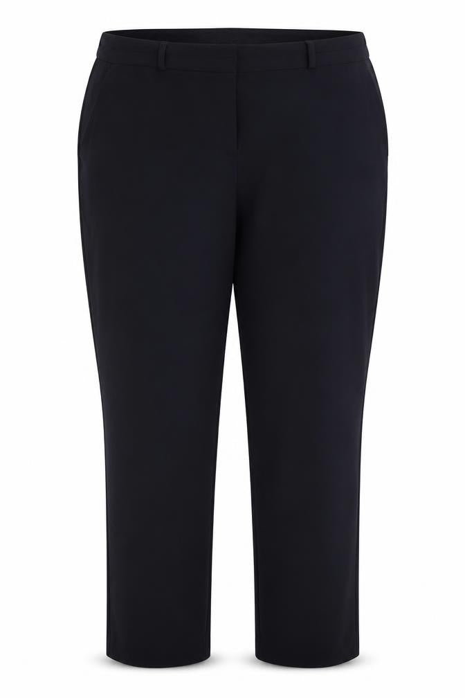 Front view of Dunnes women’s blue polyester trousers, size UK 16, 28.5-inch leg regular hook & eye