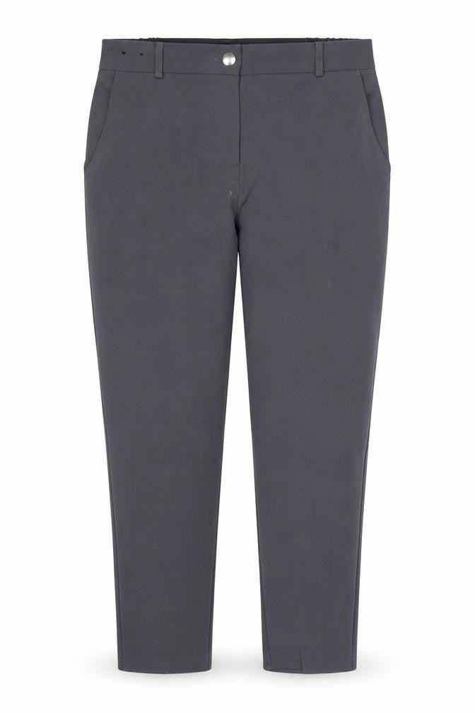 Front view of Anna Rose women’s grey polyester trousers, size UK 12, 27-inch leg regular button