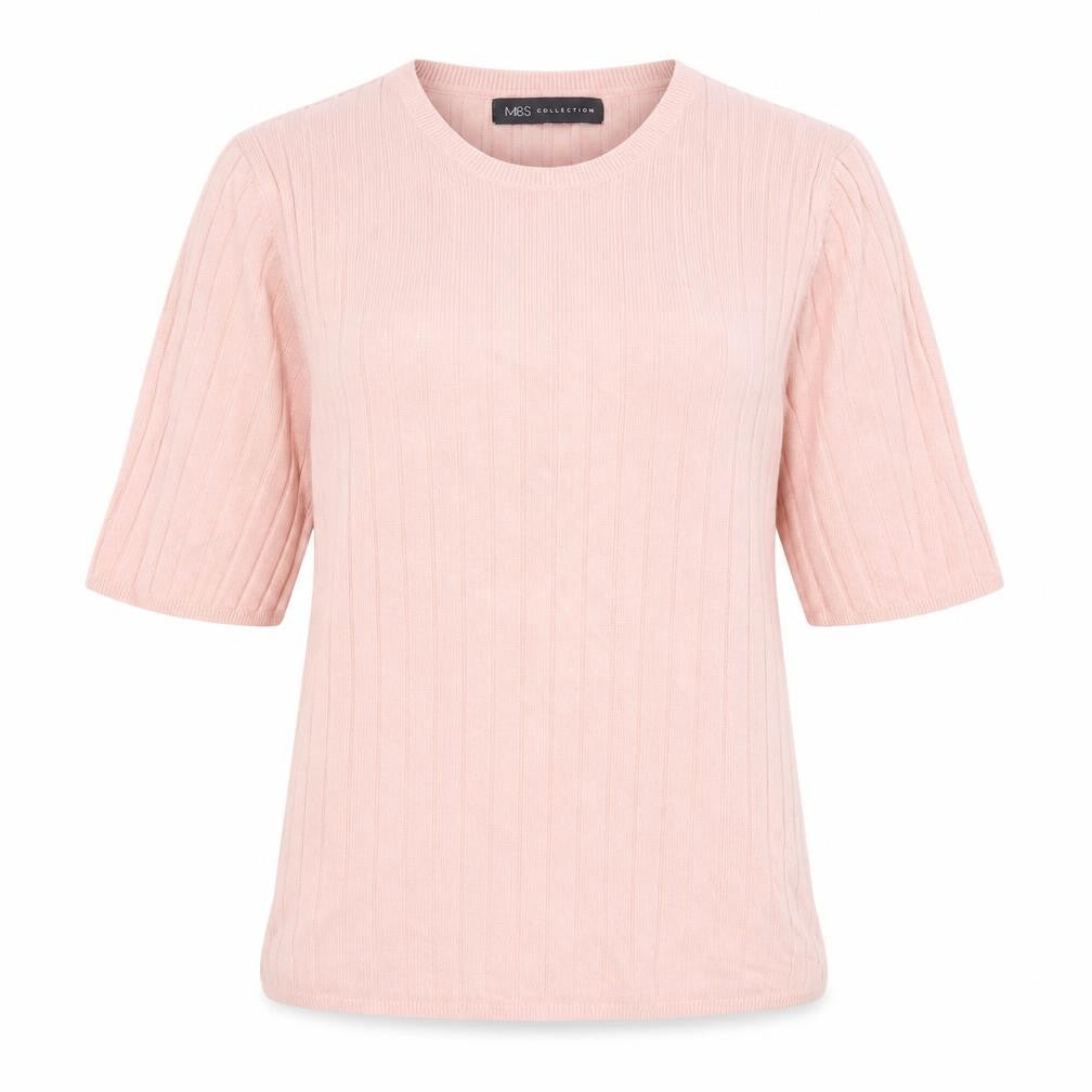 Front view of Marks & Spencer women’s pink crew neck viscose jumper, size UK 14