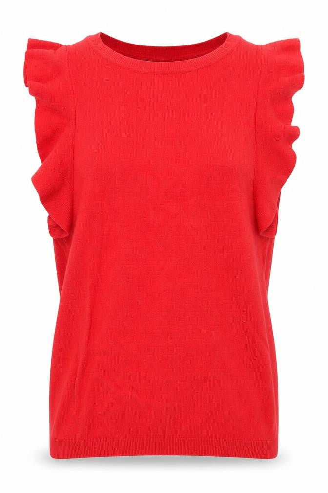 Front view of Dorothy Perkins women’s red round neck viscose jumper, size UK 10