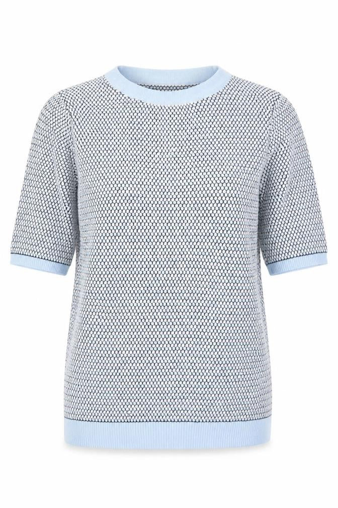 Front view of Savida women’s blue polka dot viscose basic t-shirt, size M, round neck