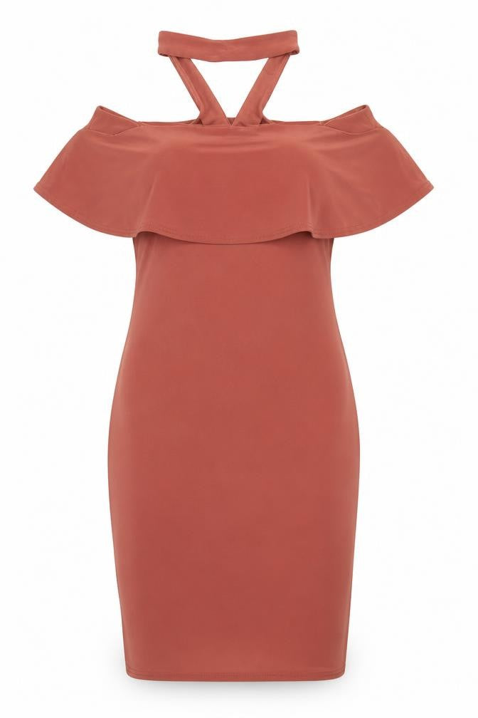 Front view of River Island women’s beige polyester bodycon, size UK 10, round neck button