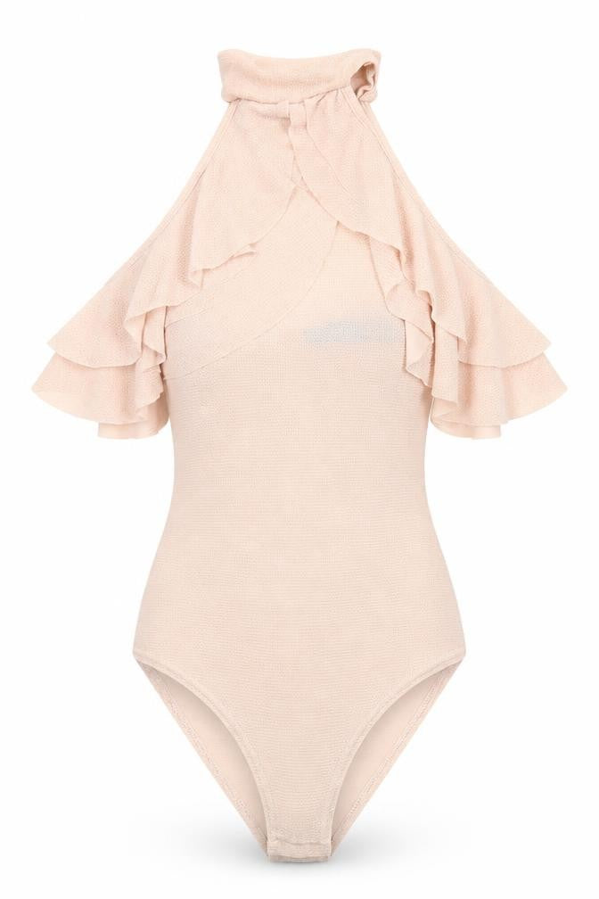 Front view of Select women’s pink polyester bodysuit one-piece, size UK 12