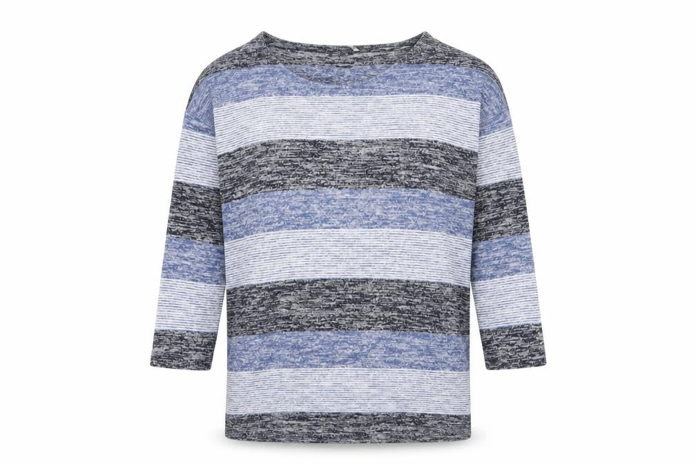 Front view of Tu women’s blue round neck striped polyester jumper, size UK 10