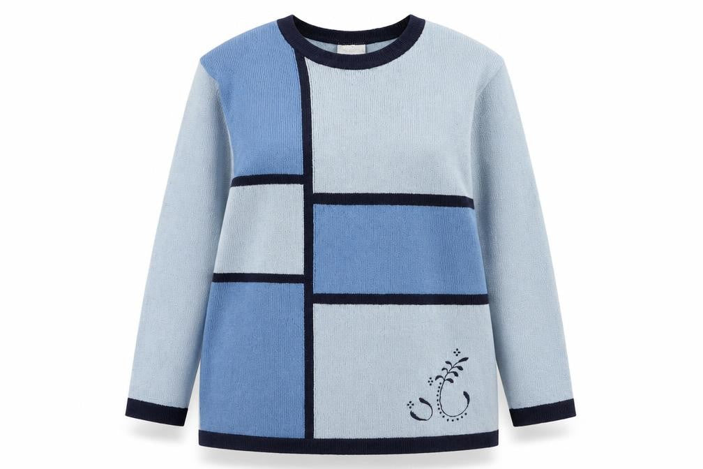 Front view of Quime women’s blue round neck striped wool jumper, size UK 16