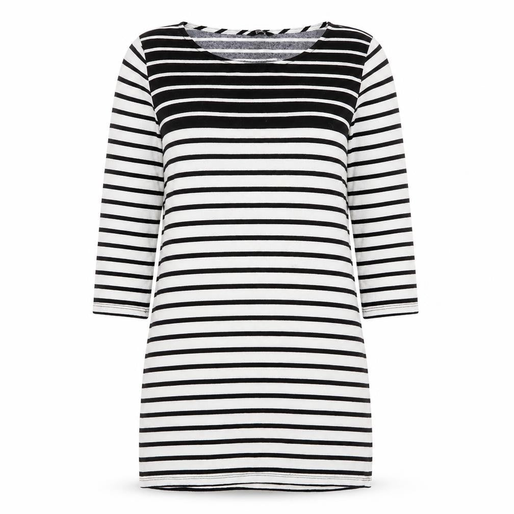 Front view of F&F women’s white round neck striped polyester jumper, size UK 12