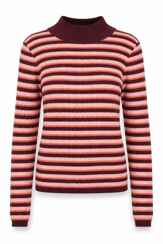 Front view of Primark women’s pink high neck striped polyester jumper, size XS