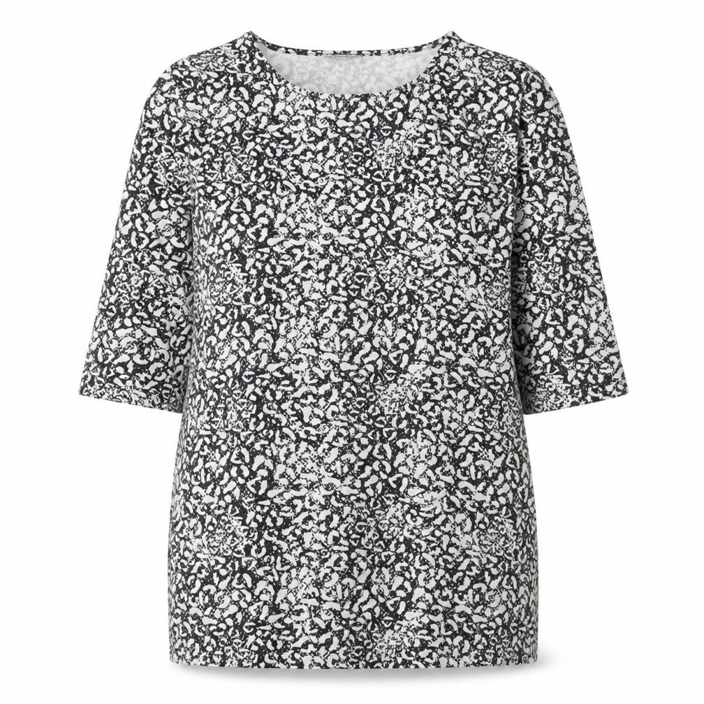 Front view of Papaya women’s black geometric cotton basic blouse, size UK 12, round neck