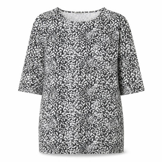 Front view of Papaya women’s black geometric cotton basic blouse, size UK 12, round neck