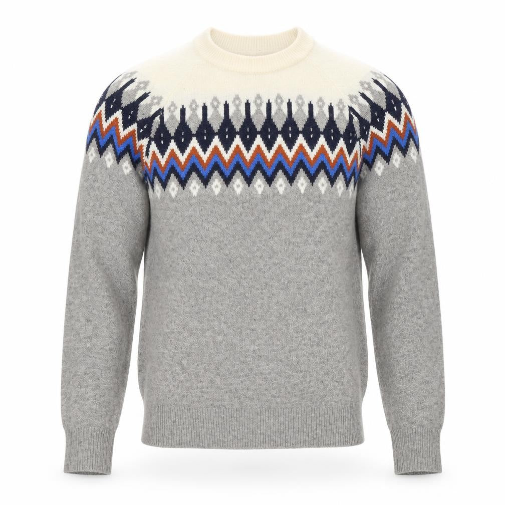Front view of Lodge men’s grey round neck geometric polyamide jumper, size S