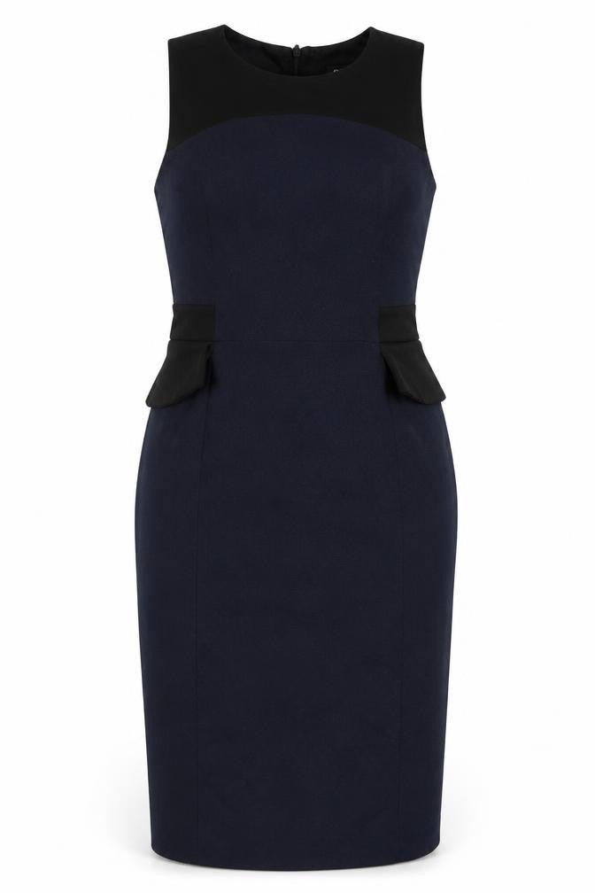 Front view of Oasis women’s blue polyester bodycon, size UK 10, crew neck zip
