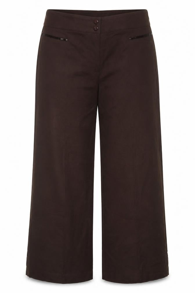 Front view of Gold women’s brown polyester trousers, size UK 14, 28-inch leg regular button