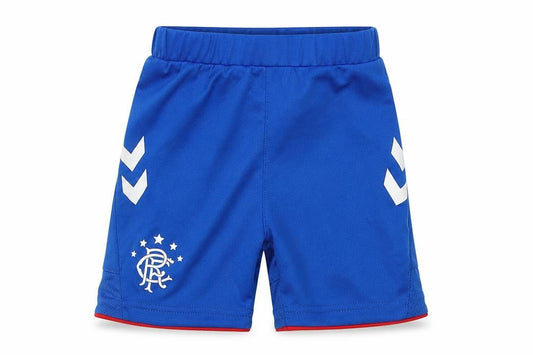 Front view of Hummel boys’ blue polyester cropped trousers, size 12-18, months tie