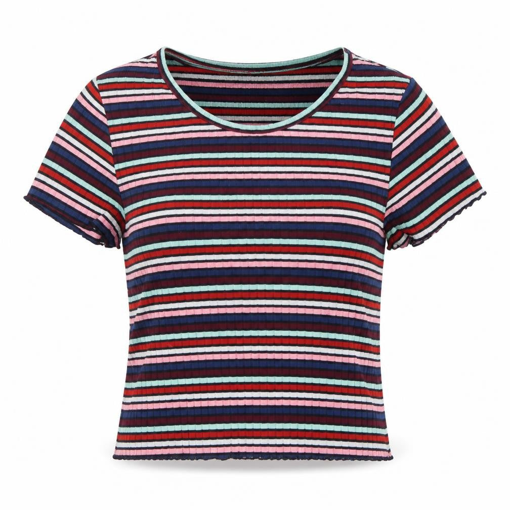 Front view of Primark women’s multicoloured striped polyester cropped t-shirt, size UK 6, crew neck