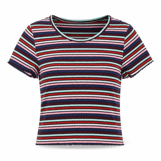 Front view of Primark women’s multicoloured striped polyester cropped t-shirt, size UK 6, crew neck