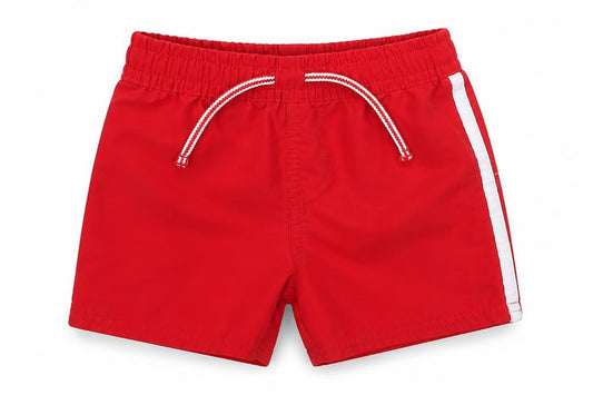 Front view of Primark boys’ red polyester cropped trousers, size 9-12, months tie
