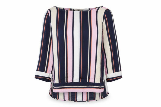 Front view of Next women’s multicoloured striped viscose basic blouse, size UK 12, round neck
