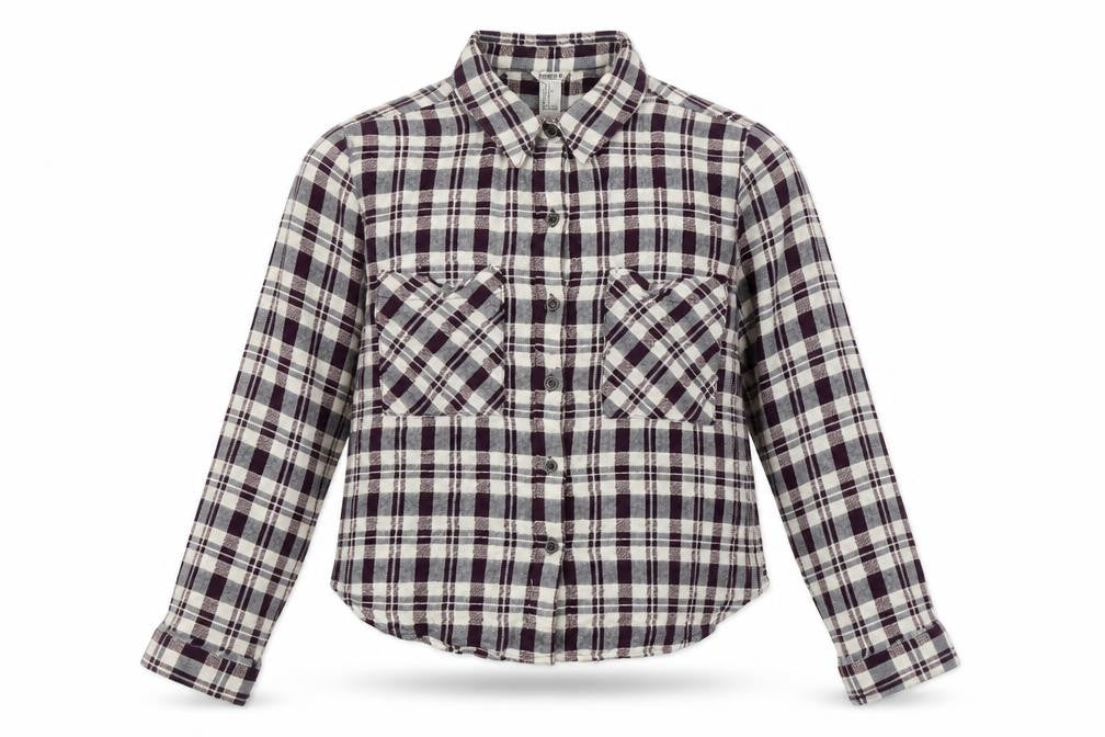 Front view of Forever 21 women’s multicoloured plaid cotton cropped button-up, size S, collared
