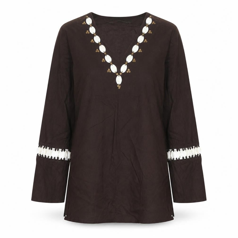 Front view of Marks & Spencer women’s brown cotton basic blouse, size UK 12, v-neck