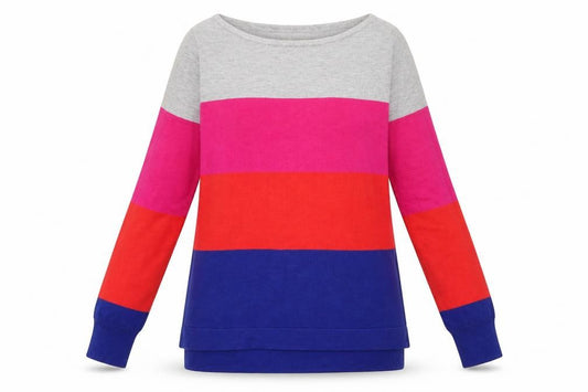 Front view of Nutmeg women’s multicoloured scoop neck striped viscose jumper, size UK 8
