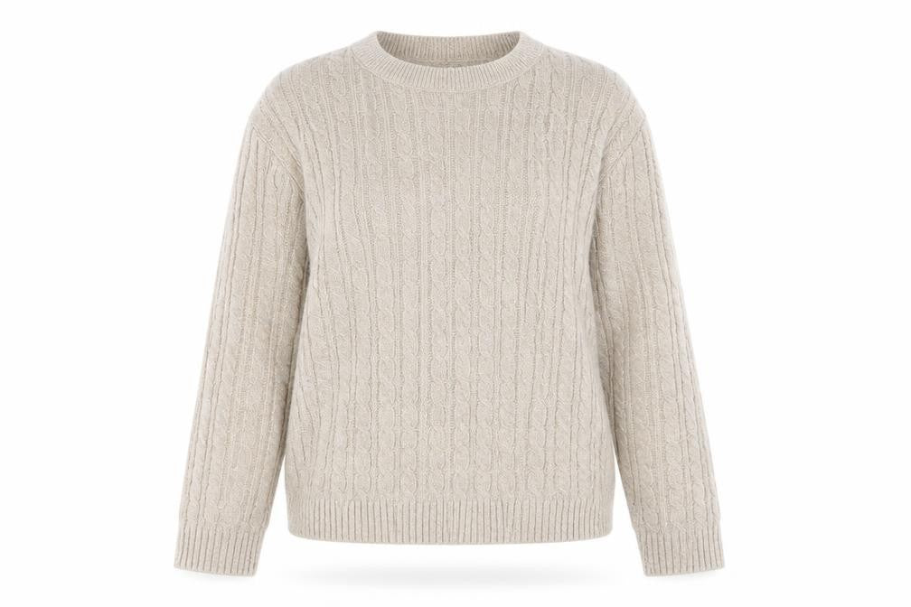 Front view of Pure & Natural women’s brown round neck acrylic jumper, size UK 12