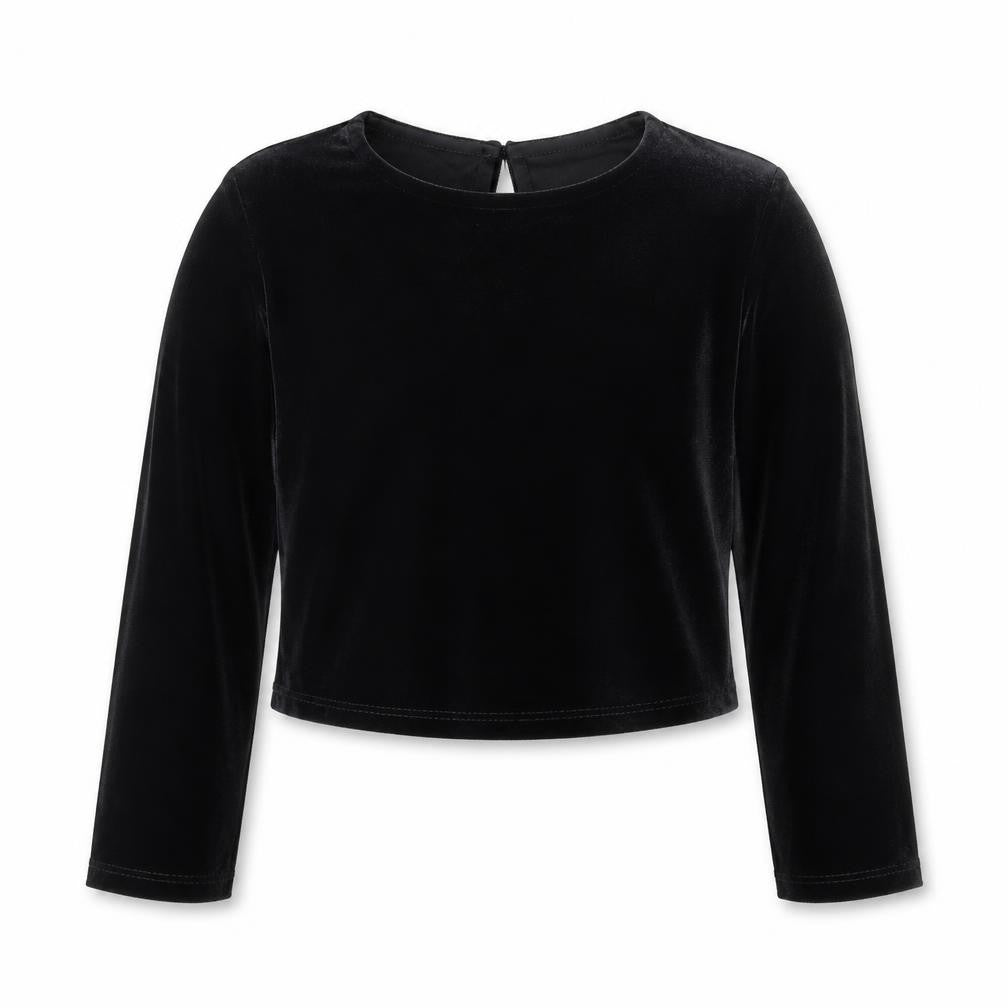 Front view of Dunnes girls’ black polyester basic t-shirt, size 5, years round neck button