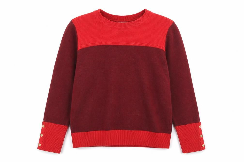 Front view of Classics women’s red crew neck acrylic jumper, size UK 12