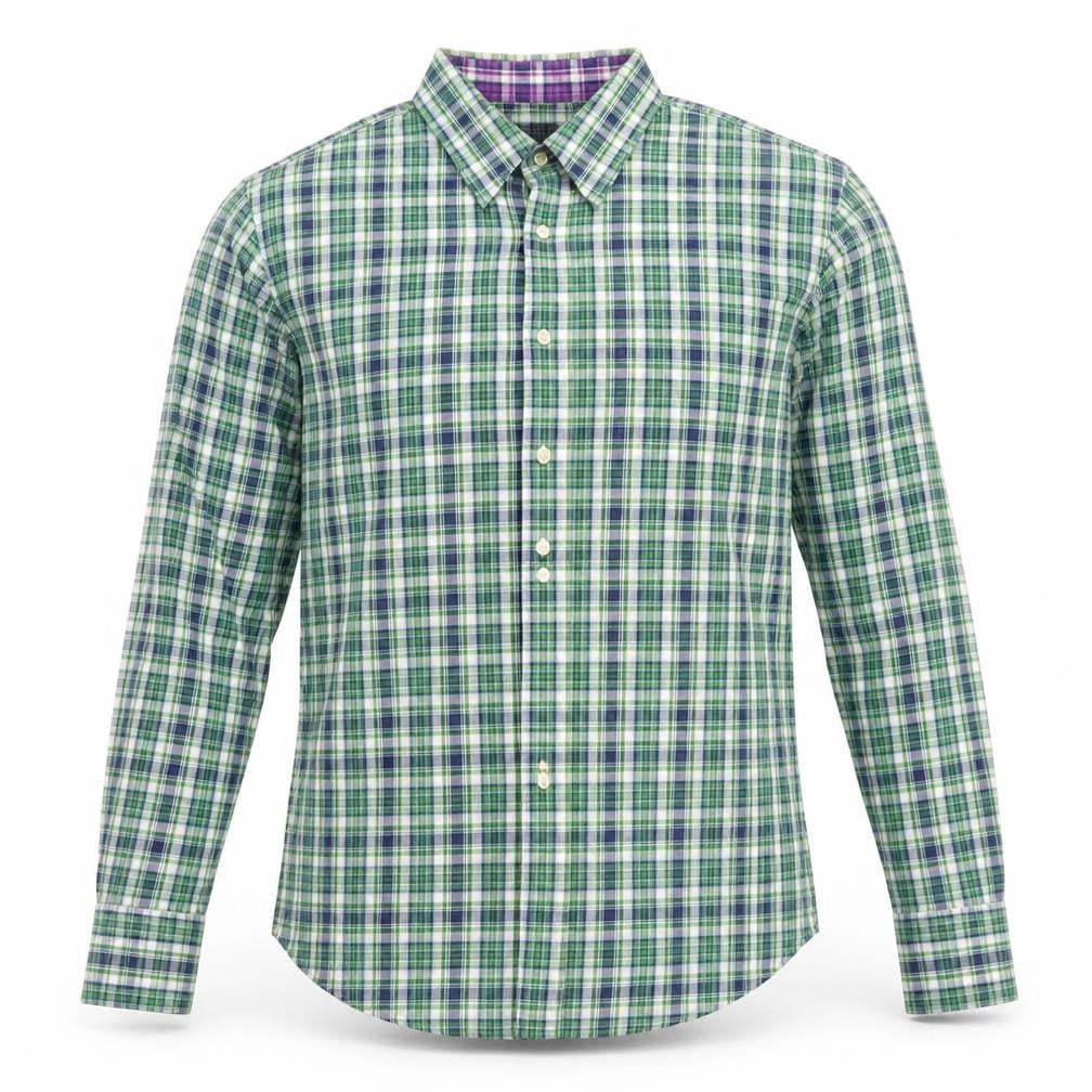Front view of The Savile Row Company men’s green plaid polyester button-up, size M, collared button