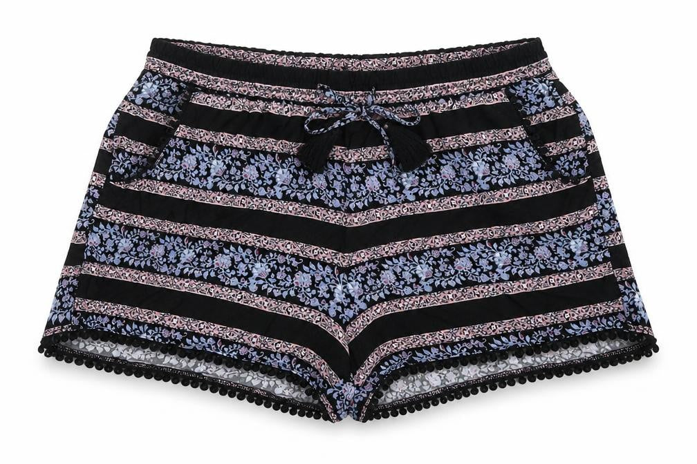 Front view of Atmosphere women’s black viscose hot pants shorts, size UK 4, regular pull on