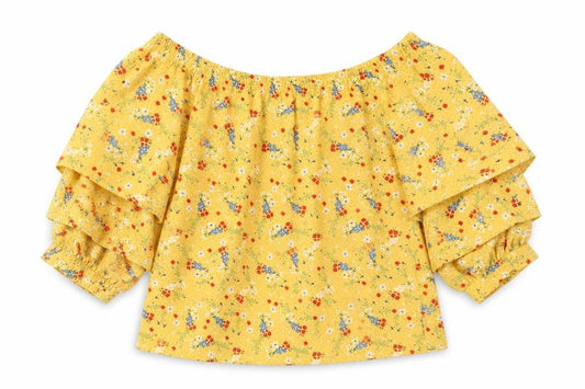 Front view of Primark women’s yellow polyester basic blouse, size UK 6, off the shoulder