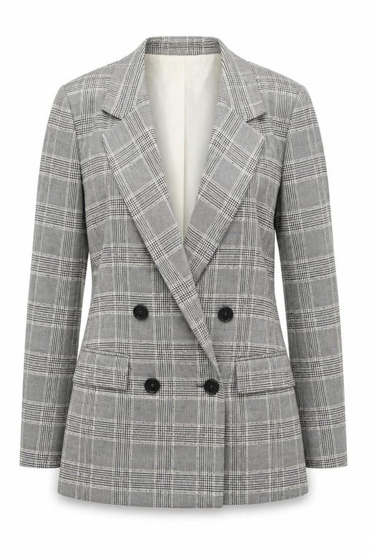 Front view of H&M women’s grey check polyester jacket suit jacket, size UK 6