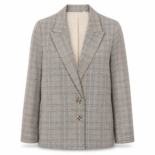 Front view of Urban Threads women’s beige check polyester jacket suit jacket, size UK 6