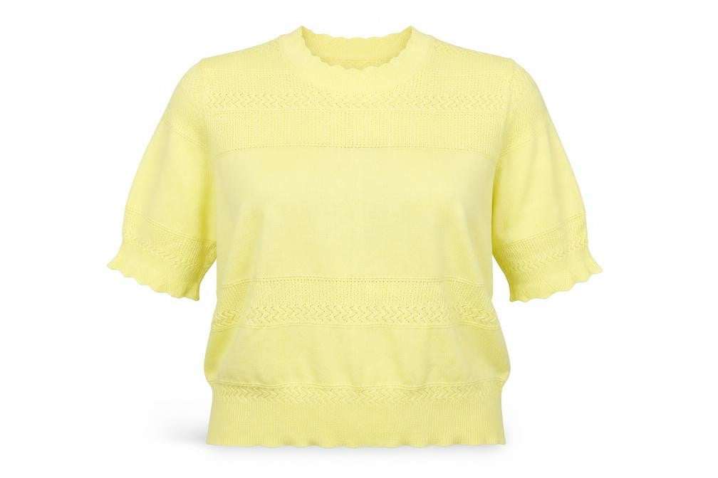 Front view of Marks & Spencer women’s yellow collared viscose jumper, size UK 14