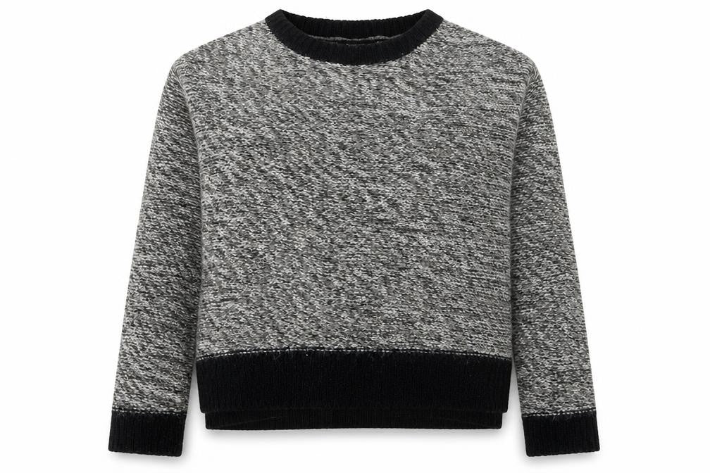 Front view of Internacionale women’s grey round neck acrylic jumper, size UK 14