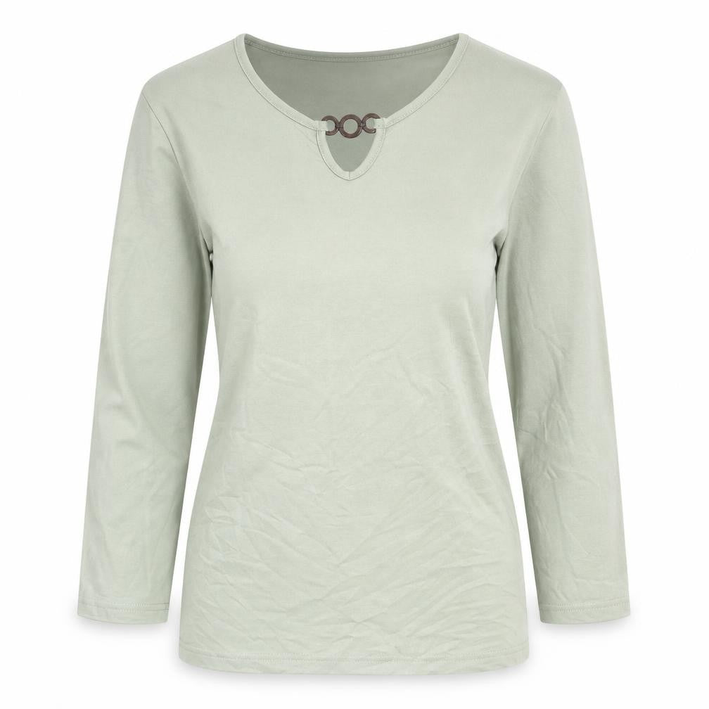 Front view of Damart women’s green viscose basic t-shirt, size UK 10, round neck