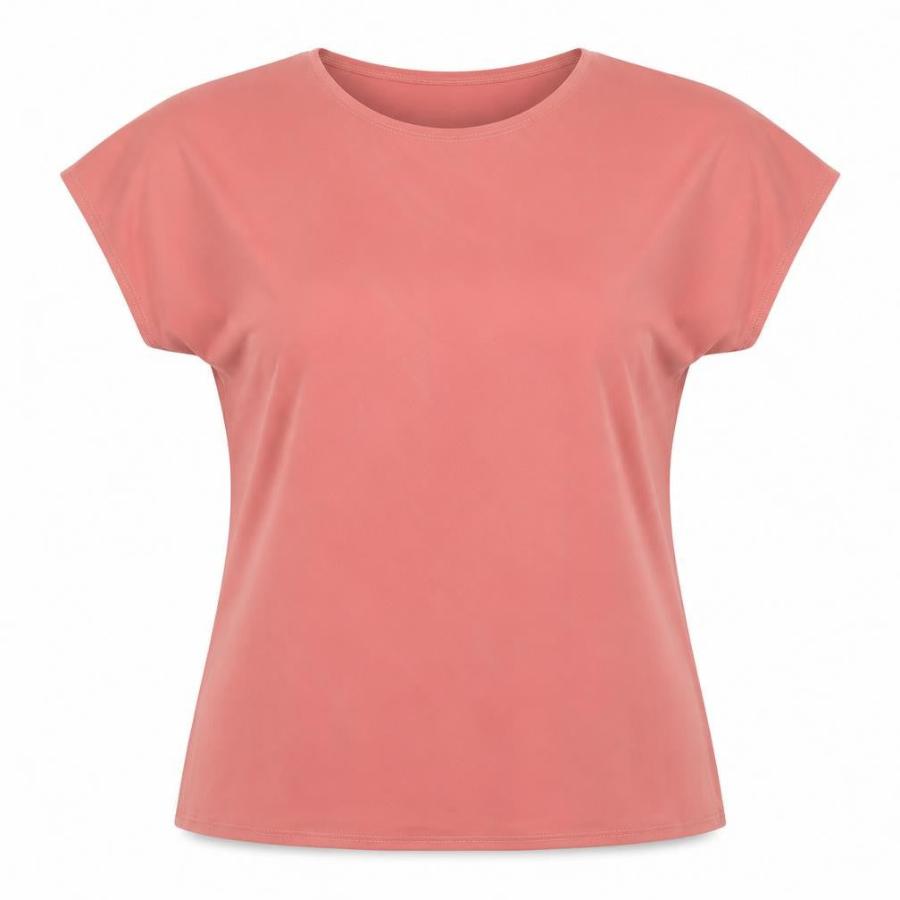 Front view of Saloos women’s pink polyester basic t-shirt, size UK 12, crew neck