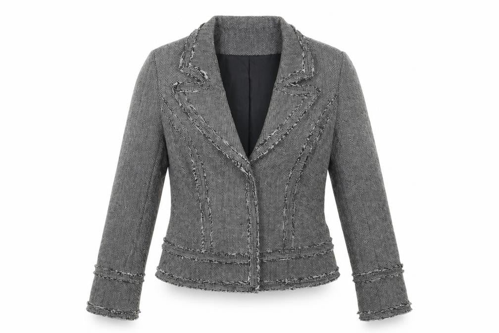 Front view of Simon Jeffrey women’s grey houndstooth jacket blazer, size UK 14, snap