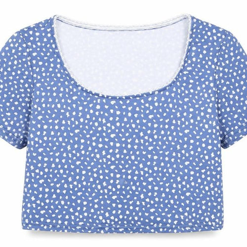 ROMWE Womens Blue Polka Dot Polyacrylate Fibre Cropped T-Shirt Size M Scoop Neck
