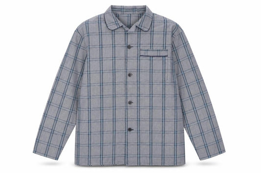 Front view of Marks & Spencer men’s grey check polyester button-up, size XL, v-neck button