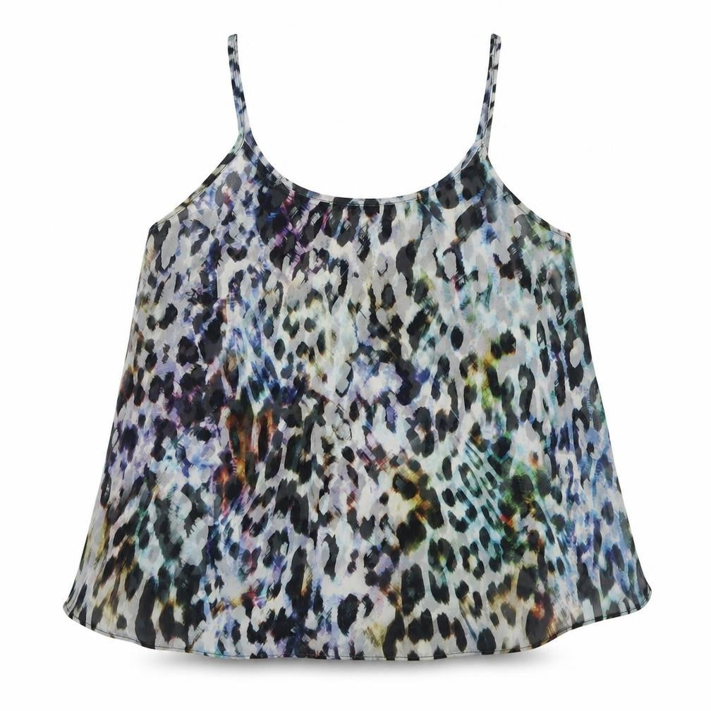 Front view of Topshop women’s multicoloured animal print polyester basic tank, size UK 8, scoop neck